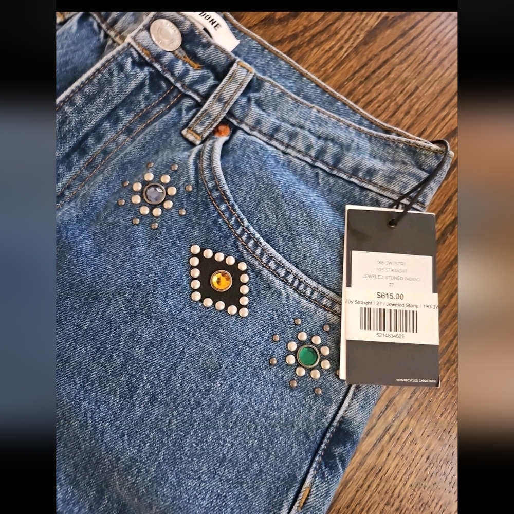 Re/Done Blue Straight Leg Jeans with Beaded Embellishments - Picture 8 of 10